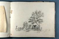 H2003-122.02.jpg; H2003-0122; Schetsboek in foudraal van A.J. Kronenberg, Schetsen van o.a. Bergkerk, Pothoofd, boerderij, hooiberg, schuur, Koerhuis, achterzijde Walstraat, Houtmarkt, Bergpoort, molen, vestingmuur, vestingtoren.; schetsboek